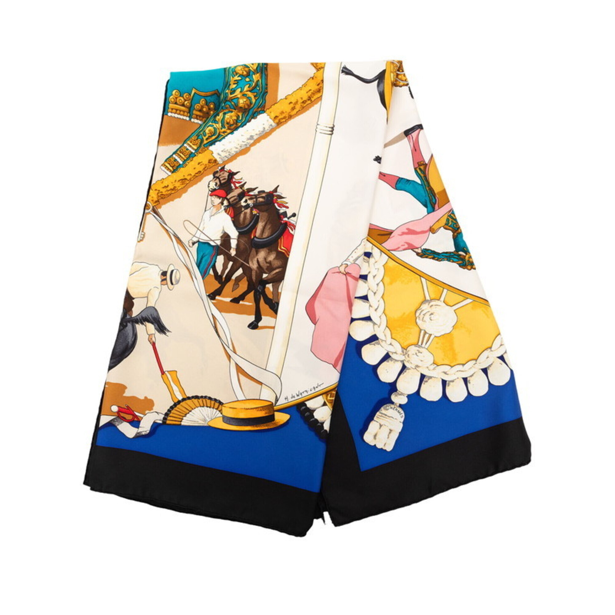 Hermes Carre 90 Plaza De Toros Bullring Scarf/Muffler - Black/Blue Multicolor...